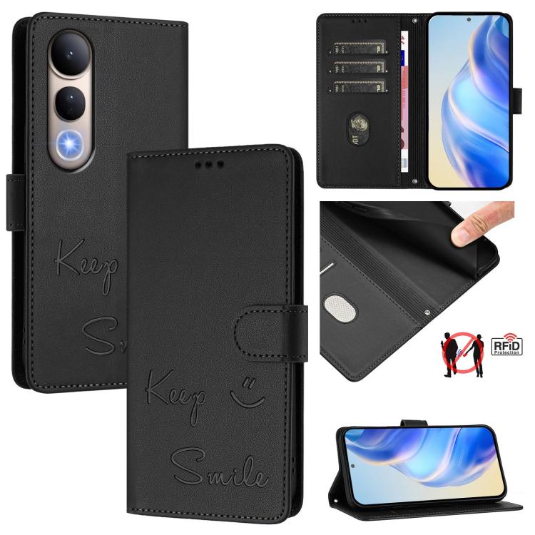 Smile Embossing RFID Leather Phone Case, For vivo V50 Lite 5G, For vivo Y29s 5G / Y04 4G Global, For vivo Y29 4G Global, For vivo V50 5G Global, For vivo Y300 5G