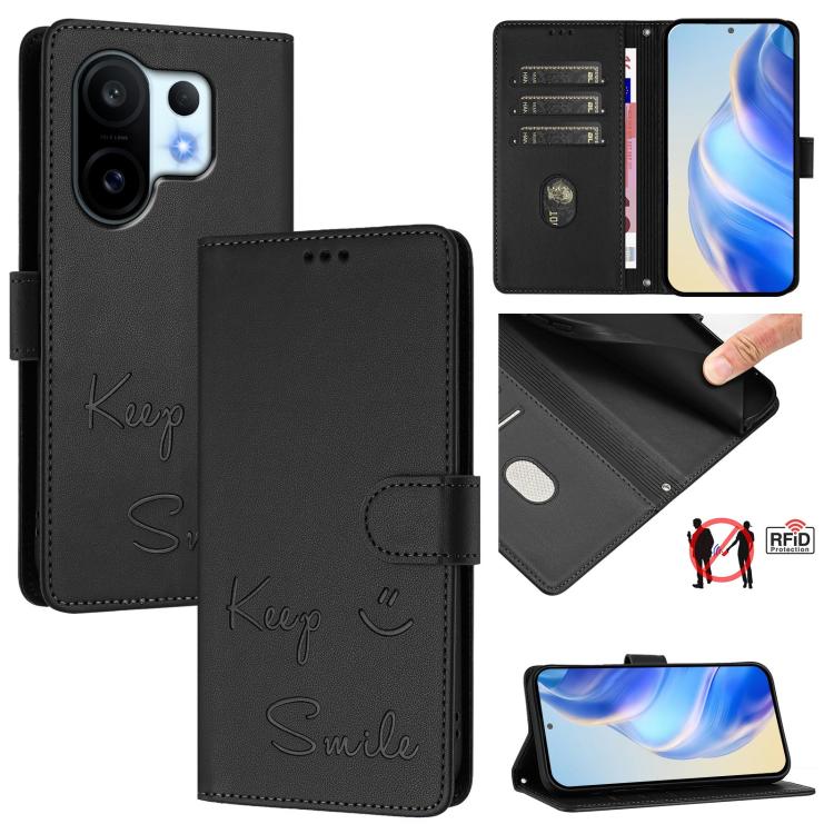 Smile Embossing RFID Leather Phone Case, For vivo V60 Lite 5G Global, For vivo Y400 5G Global, For vivo Y400 4G, For vivo V60 5G Global, For vivo S30 Pro mini, For vivo S30, For vivo X200s 5G, For vivo Y39 5G Global