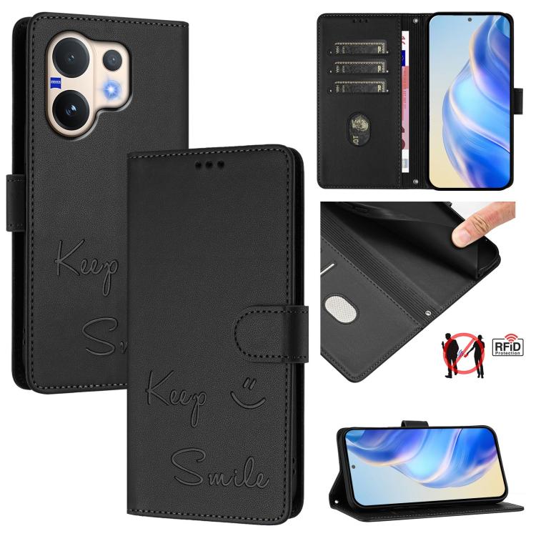 Smile Embossing RFID Leather Phone Case, For vivo V60 Lite 5G Global, For vivo Y400 5G Global, For vivo Y400 4G, For vivo V60 5G Global, For vivo S30 Pro mini, For vivo S30, For vivo X200s 5G, For vivo Y39 5G Global