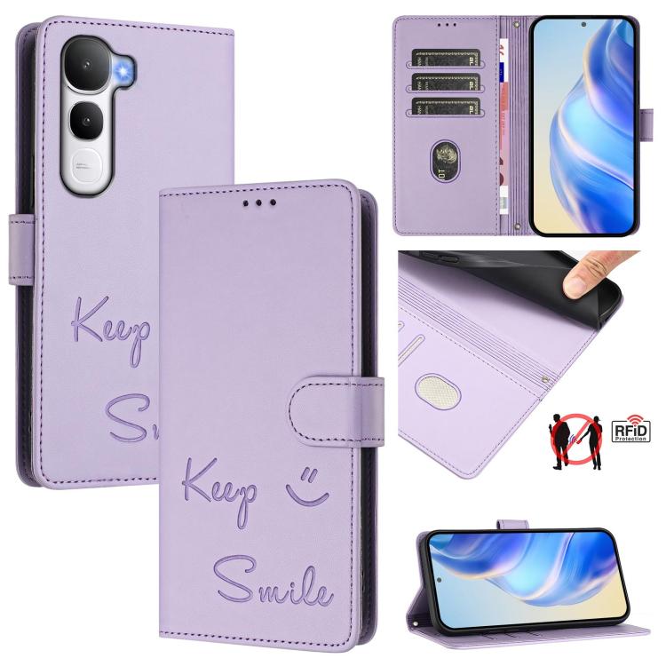 Smile Embossing RFID Leather Phone Case, For vivo V60 Lite 5G Global, For vivo Y400 5G Global, For vivo Y400 4G, For vivo V60 5G Global, For vivo S30 Pro mini, For vivo S30, For vivo X200s 5G, For vivo Y39 5G Global
