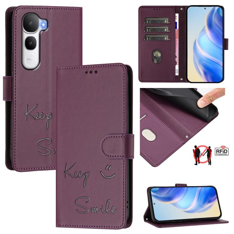 Smile Embossing RFID Leather Phone Case, For vivo V60 Lite 5G Global, For vivo Y400 5G Global, For vivo Y400 4G, For vivo V60 5G Global, For vivo S30 Pro mini, For vivo S30, For vivo X200s 5G, For vivo Y39 5G Global