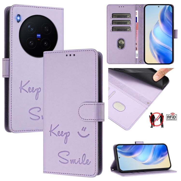 Smile Embossing RFID Leather Phone Case, For vivo X300 FE / S50 Pro mini 5G, For vivo X300s, For vivo Y21 5G 2026 / vivo Y05 4G, For vivo V70 FE 5G, For vivo X300 Ultra, For vivo X300 Pro 5G, For vivo X300 5G, For vivo Y31 5G Global