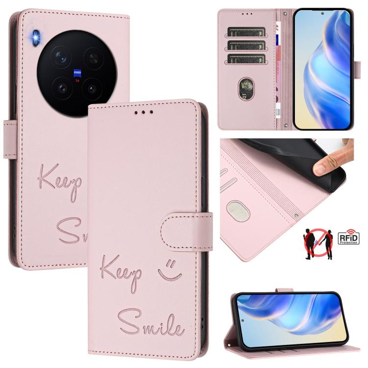 Smile Embossing RFID Leather Phone Case, For vivo X300 FE / S50 Pro mini 5G, For vivo X300s, For vivo Y21 5G 2026 / vivo Y05 4G, For vivo V70 FE 5G, For vivo X300 Ultra, For vivo X300 Pro 5G, For vivo X300 5G, For vivo Y31 5G Global