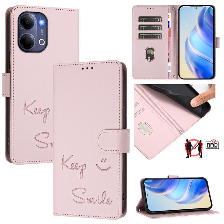 Smile Embossing RFID Leather Phone Case, For vivo X300 FE / S50 Pro mini 5G, For vivo X300s, For vivo Y21 5G 2026 / vivo Y05 4G, For vivo V70 FE 5G, For vivo X300 Ultra, For vivo X300 Pro 5G, For vivo X300 5G, For vivo Y31 5G Global