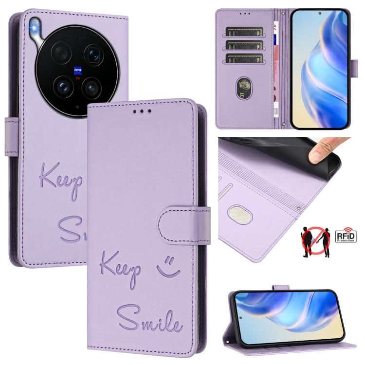 Smile Embossing RFID Leather Phone Case, For vivo X300 FE / S50 Pro mini 5G, For vivo X300s, For vivo Y21 5G 2026 / vivo Y05 4G, For vivo V70 FE 5G, For vivo X300 Ultra, For vivo X300 Pro 5G, For vivo X300 5G, For vivo Y31 5G Global