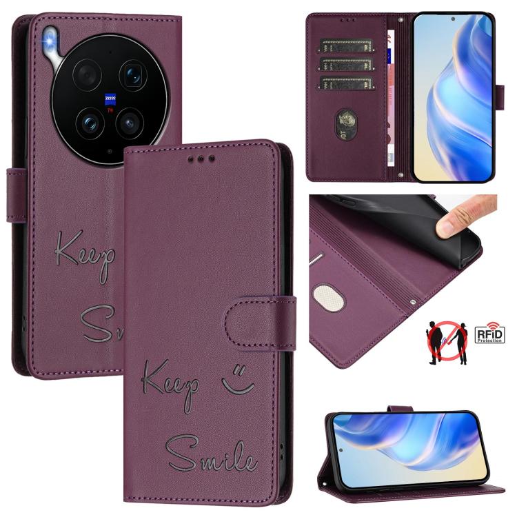 Smile Embossing RFID Leather Phone Case, For vivo X300 FE / S50 Pro mini 5G, For vivo X300s, For vivo Y21 5G 2026 / vivo Y05 4G, For vivo V70 FE 5G, For vivo X300 Ultra, For vivo X300 Pro 5G, For vivo X300 5G, For vivo Y31 5G Global