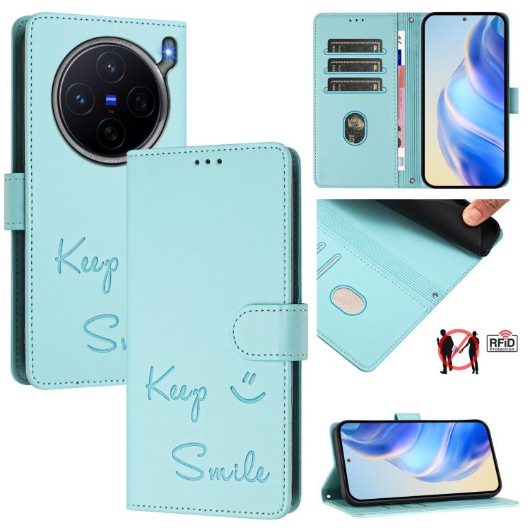 Smile Embossing RFID Leather Phone Case, For vivo X300 FE / S50 Pro mini 5G, For vivo X300s, For vivo Y21 5G 2026 / vivo Y05 4G, For vivo V70 FE 5G, For vivo X300 Ultra, For vivo X300 Pro 5G, For vivo X300 5G, For vivo Y31 5G Global