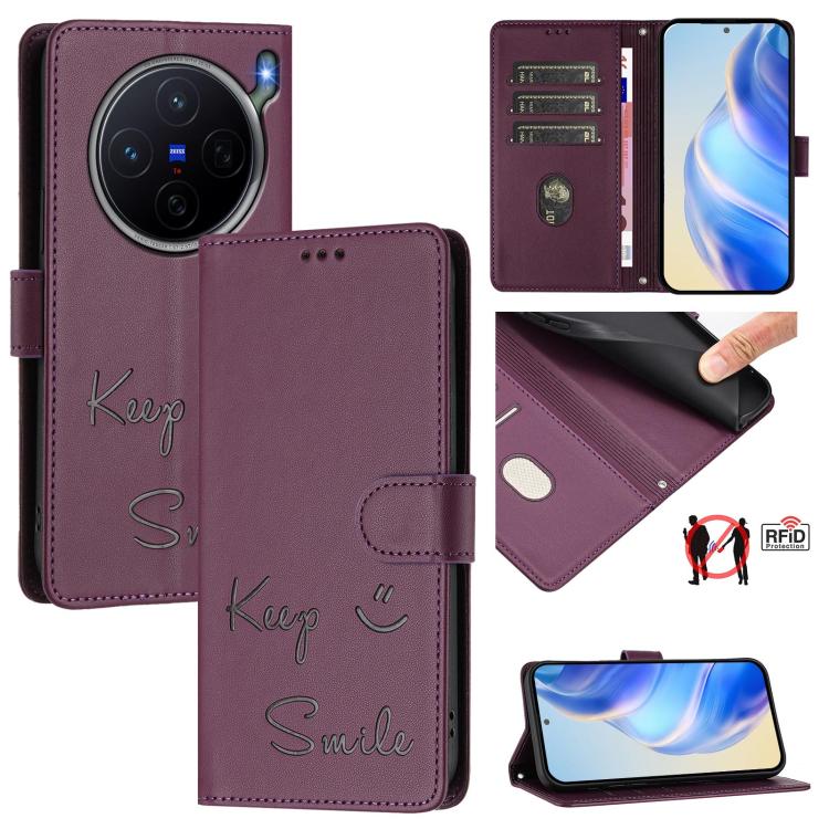 Smile Embossing RFID Leather Phone Case, For vivo X300 FE / S50 Pro mini 5G, For vivo X300s, For vivo Y21 5G 2026 / vivo Y05 4G, For vivo V70 FE 5G, For vivo X300 Ultra, For vivo X300 Pro 5G, For vivo X300 5G, For vivo Y31 5G Global