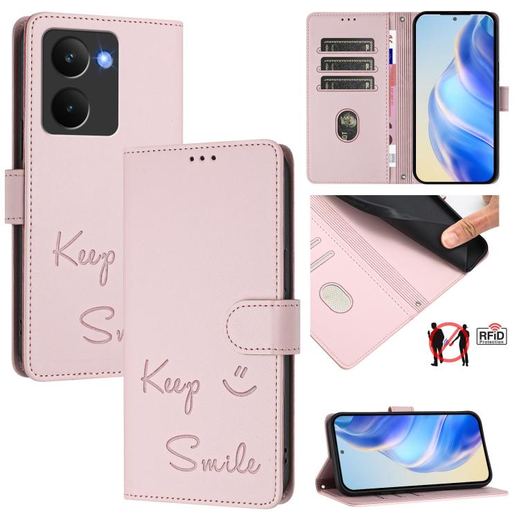 Smile Embossing RFID Leather Phone Case, For Realme 14x Global / V70 5G / C75 5G, For Realme Narzo 80 Pro / 14 Pro 5G India, For Realme 14 5G / 14T 5G Global, For Realme P3 Ultra 5G, For Realme P3 5G, For Realme 14 Pro+ 5G, For Realme 14 Pro 5G