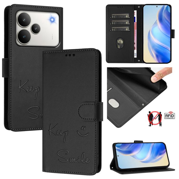 Smile Embossing RFID Leather Phone Case, For Realme 16 Pro 5G Global, For Realme C71 4G India / Note 70 4G, For Realme C85 5G / 15x 5G India, For Realme P4 Pro 5G, For Realme P4 5G, For Realme 15T 5G Global, For Realme 15 / 15 Pro 5G Global            ...