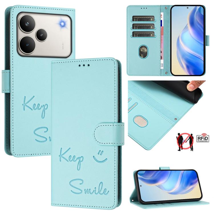 Smile Embossing RFID Leather Phone Case, For Realme 16 Pro 5G Global, For Realme C71 4G India / Note 70 4G, For Realme C85 5G / 15x 5G India, For Realme P4 Pro 5G, For Realme P4 5G, For Realme 15T 5G Global, For Realme 15 / 15 Pro 5G Global            ...