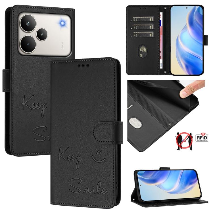 Smile Embossing RFID Leather Phone Case, For Realme 16 Pro 5G Global, For Realme C71 4G India / Note 70 4G, For Realme C85 5G / 15x 5G India, For Realme P4 Pro 5G, For Realme P4 5G, For Realme 15T 5G Global, For Realme 15 / 15 Pro 5G Global            ...