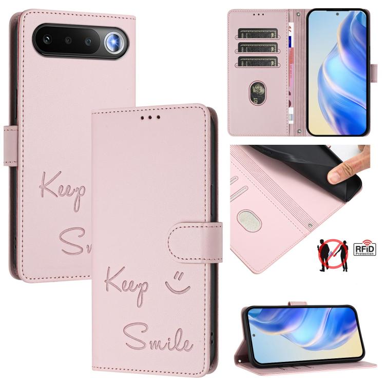 Smile Embossing RFID Leather Phone Case, For Realme P4x 5G / OnePlus Nord CE6 Lite, For Realme 16T 5G Global, For Realme C100 5G, For Realme P4 Power 5G, For Realme Note 80 4G Global, For Realme C83 5G India, For Realme 16 5G Global                    ...