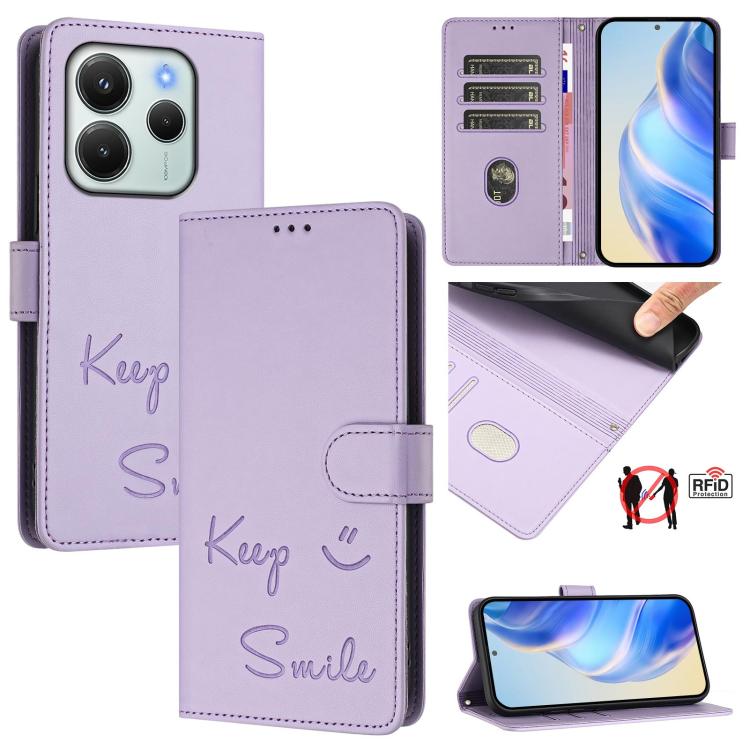 Smile Embossing RFID Leather Phone Case, For Redmi 15 5G Global / 15 4G SEA 169.5mm, For Xiaomi 15T Pro 5G, For Xiaomi 15T 5G, For Redmi Note 14 4G 164.84mm EU Version