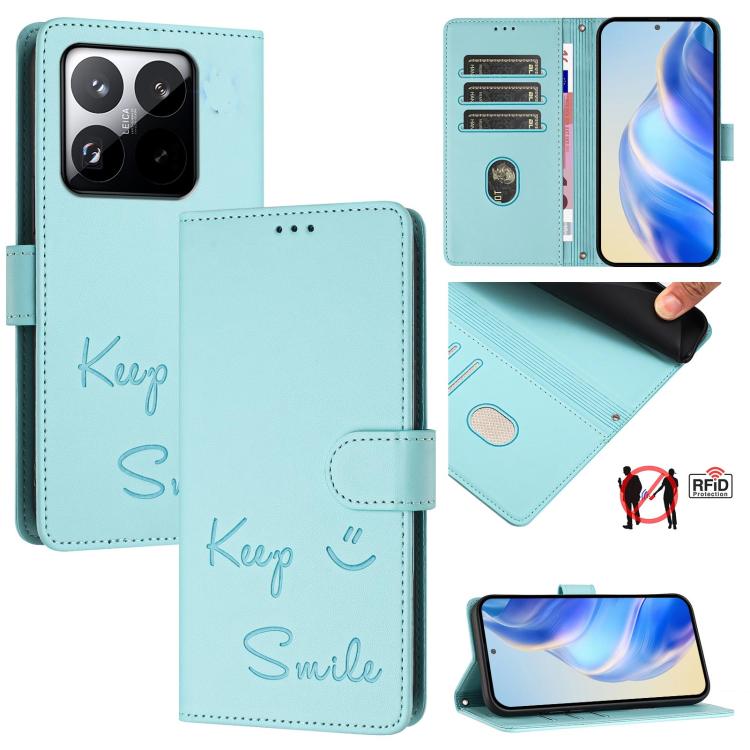 Smile Embossing RFID Leather Phone Case, For Redmi 15 5G Global / 15 4G SEA 169.5mm, For Xiaomi 15T Pro 5G, For Xiaomi 15T 5G, For Redmi Note 14 4G 164.84mm EU Version