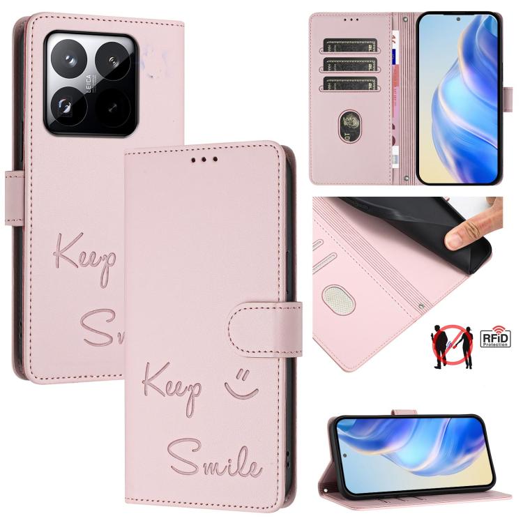 Smile Embossing RFID Leather Phone Case, For Redmi 15 5G Global / 15 4G SEA 169.5mm, For Xiaomi 15T Pro 5G, For Xiaomi 15T 5G, For Redmi Note 14 4G 164.84mm EU Version