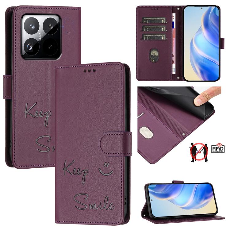 Smile Embossing RFID Leather Phone Case, For Redmi 15 5G Global / 15 4G SEA 169.5mm, For Xiaomi 15T Pro 5G, For Xiaomi 15T 5G, For Redmi Note 14 4G 164.84mm EU Version