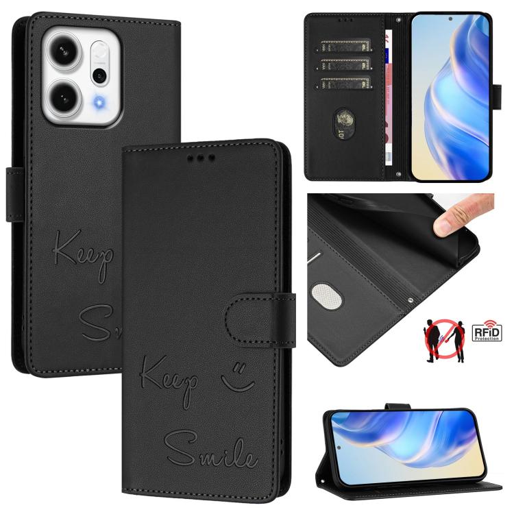 Smile Embossing RFID Leather Phone Case, For OPPO Reno14 Global, For OPPO Find X8s+ 5G, For OPPO Find X8s 5G, For OPPO Find X8 Ultra 5G, For OPPO A5 Pro 5G Global