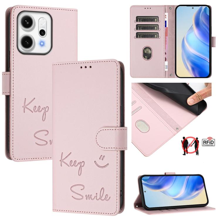 Smile Embossing RFID Leather Phone Case, For OPPO Find X9, For OPPO A6 GT 5G, For OPPO Find X9 Pro, For OPPO K13 Turbo 5G, For OPPO Reno14 F 5G, For OPPO A5x 5G / 4G Global, For OPPO A5 5G Global, For OPPO Reno14 Pro Global