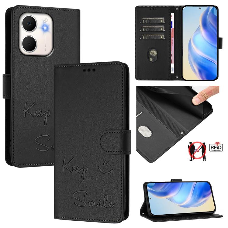 Smile Embossing RFID Leather Phone Case, For OPPO Find X9, For OPPO A6 GT 5G, For OPPO Find X9 Pro, For OPPO K13 Turbo 5G, For OPPO Reno14 F 5G, For OPPO A5x 5G / 4G Global, For OPPO A5 5G Global, For OPPO Reno14 Pro Global