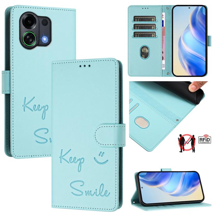 Smile Embossing RFID Leather Phone Case, For OPPO Find X9, For OPPO A6 GT 5G, For OPPO Find X9 Pro, For OPPO K13 Turbo 5G, For OPPO Reno14 F 5G, For OPPO A5x 5G / 4G Global, For OPPO A5 5G Global, For OPPO Reno14 Pro Global