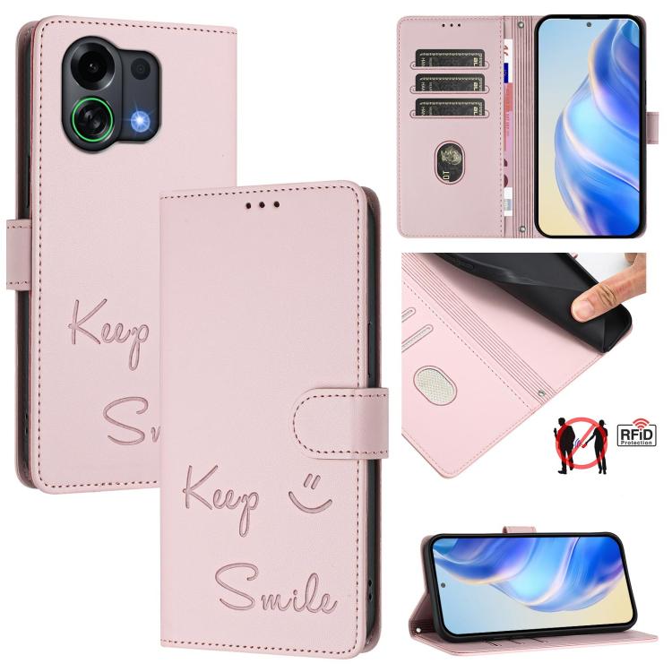 Smile Embossing RFID Leather Phone Case, For OPPO Find X9, For OPPO A6 GT 5G, For OPPO Find X9 Pro, For OPPO K13 Turbo 5G, For OPPO Reno14 F 5G, For OPPO A5x 5G / 4G Global, For OPPO A5 5G Global, For OPPO Reno14 Pro Global