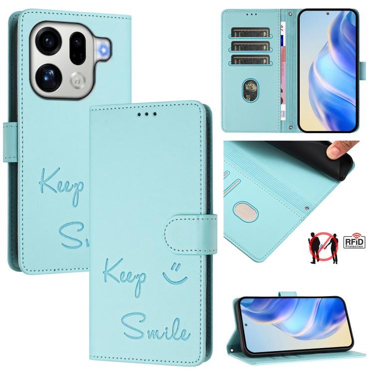 Smile Embossing RFID Leather Phone Case, For OPPO Find X9, For OPPO A6 GT 5G, For OPPO Find X9 Pro, For OPPO K13 Turbo 5G, For OPPO Reno14 F 5G, For OPPO A5x 5G / 4G Global, For OPPO A5 5G Global, For OPPO Reno14 Pro Global