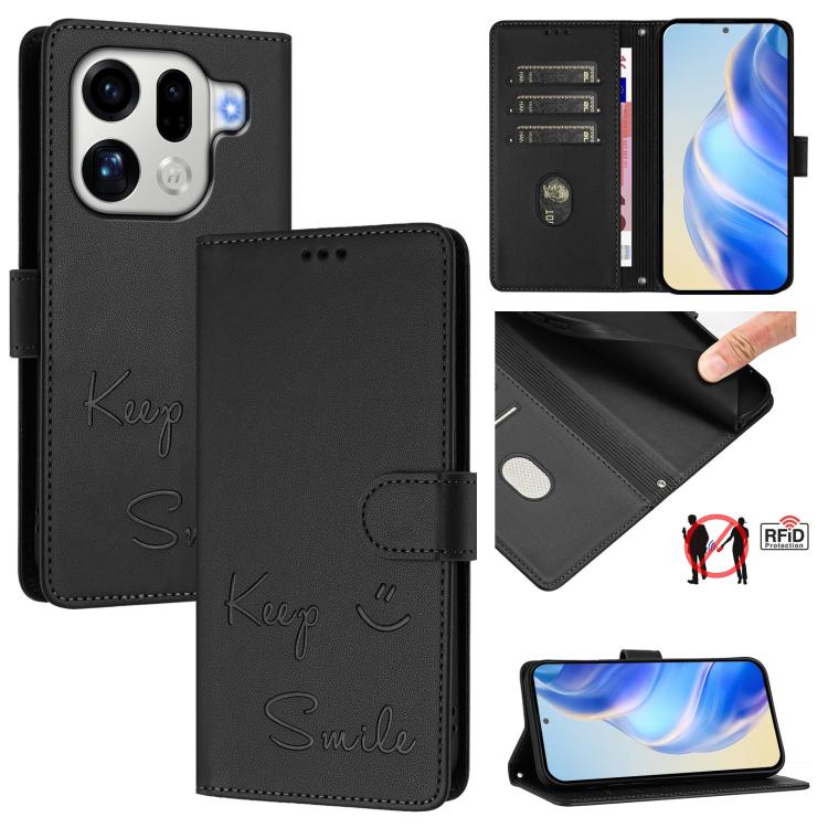 Smile Embossing RFID Leather Phone Case, For OPPO Find X9, For OPPO A6 GT 5G, For OPPO Find X9 Pro, For OPPO K13 Turbo 5G, For OPPO Reno14 F 5G, For OPPO A5x 5G / 4G Global, For OPPO A5 5G Global, For OPPO Reno14 Pro Global