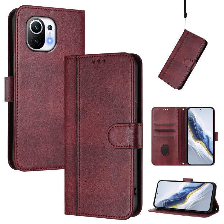 Line Splicing Buckle Retro Leather Phone Case, For Xiaomi Mi 11
