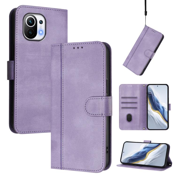 Line Splicing Buckle Retro Leather Phone Case, For Xiaomi Mi 11