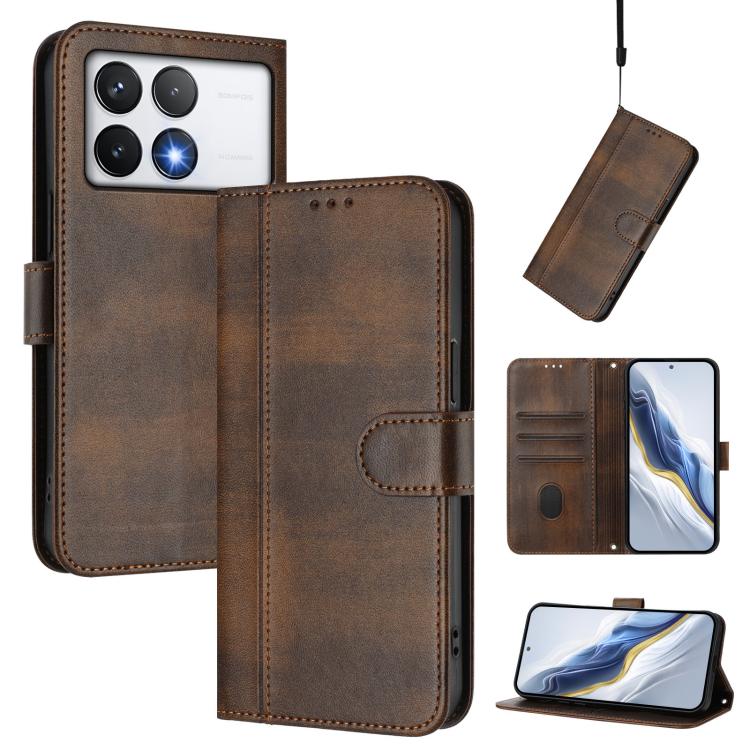 Line Splicing Buckle Retro Leather Phone Case, For Xiaomi 15, For Xiaomi 14T Pro 5G, For Xiaomi 14T 5G, For Xiaomi Poco F6 5G, For Xiaomi Poco F6 Pro 5G, For Xiaomi Poco X6 Neo 5G