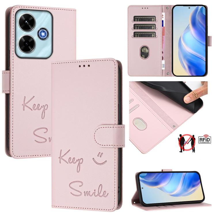 Smile Embossing RFID Leather Phone Case, For Xiaomi Poco M6 Plus / Redmi 13x 4G, For Xiaomi Poco C71 / Redmi A5 4G 171.7mm, For Xiaomi Poco F7 Pro / F7 Ultra
