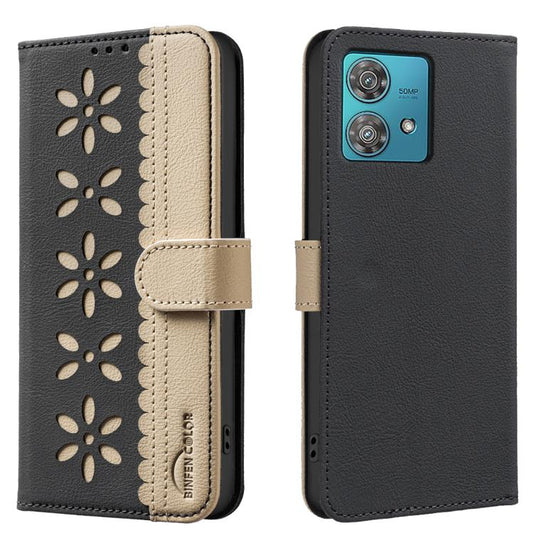 Splicing Color Hollow Flower Pattern RFID Leather Phone Case, For Motorola Edge 40 Neo, For Motorola Edge 40, For Motorola Moto G13 4G / G23 4G, For Motorola Moto E13, For Motorola Moto G73