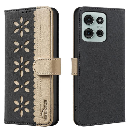 Splicing Color Hollow Flower Pattern RFID Leather Phone Case, For Motorola Moto G75 5G, For Motorola Moto G35, For Motorola Moto G55, For Motorola Moto G04 / G24 / E14, For Motorola Edge 50 Pro, For Motorola Moto G34, For Motorola Moto G84             ...