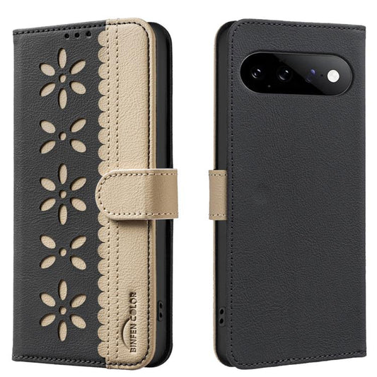 Splicing Color Hollow Flower Pattern RFID Leather Phone Case, For Google Pixel 11 / 11 Pro, For Google Pixel 10a, For Google Pixel 9a, For Google Pixel 9 Pro XL, For Google Pixel 9 / 9 Pro, For Google Pixel 8A, For Google Pixel 8 Pro, For Google Pixel 8