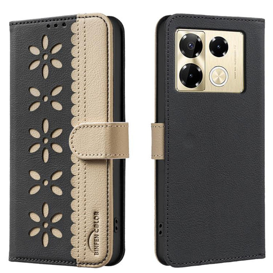 Splicing Color Hollow Flower Pattern RFID Leather Phone Case, For Infinix Note 40 Pro / 40 Pro+, For Infinix Note 40 4G