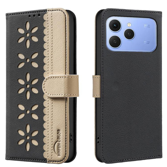 Splicing Color Hollow Flower Pattern RFID Leather Phone Case, For Tecno Spark 40 4G, For Tecno Pova 7 Ultra 5G, For Tecno Camon 40 Pro 4G, For Tecno Pop 9 5G / Spark 30C 5G, For Tecno Pova 6 Neo 5G / Spark 30 5G, For Tecno Spark 30 Pro 4G              ...