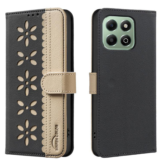 Splicing Color Hollow Flower Pattern RFID Leather Phone Case, For Honor X6B, For Honor 200 Lite, For Honor X7B, For Honor X8B, For Honor X9B / Magic6 Lite, For Honor X7A