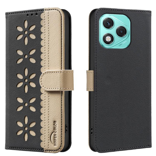 Splicing Color Hollow Flower Pattern RFID Leather Phone Case, For Honor 400 Lite Global, For Honor 400 Global 156.5mm, For Honor X8C, For Honor X9C / Magic7 Lite, For Honor 300 Pro 5G / 300 Ultra 5G, For Honor 300, For Honor X5B                        ...