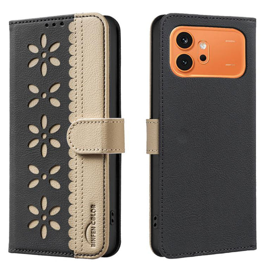 Splicing Color Hollow Flower Pattern RFID Leather Phone Case, For Honor 600 Global, For Honor 600 Lite Global, For Honor X6d 5G, For Honor X8d 4G, For Honor X5c 4G / X5c Plus, For Honor X9d 5G / X70 5G, For Honor X7d 5G, For Honor 400 Pro Global 160.8mm