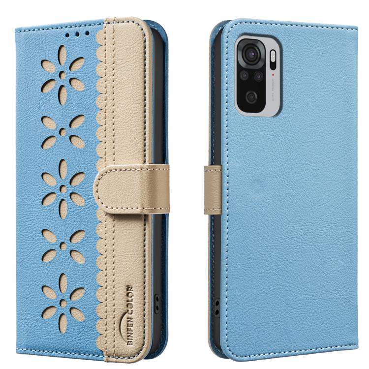 Splicing Color Hollow Flower Pattern RFID Leather Phone Case, For Redmi Note 11 Pro Global 6.67 inch, For Redmi 10 5G / Note 11 4G 6.5 inch, For Redmi Note 10 5G / Note 10T 5G, For Redmi Note 10 4G / Note 10S, For Redmi Note 10 Pro / 10 Pro Max