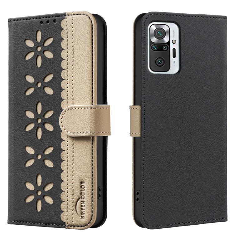 Splicing Color Hollow Flower Pattern RFID Leather Phone Case, For Redmi Note 10 Pro / 10 Pro Max