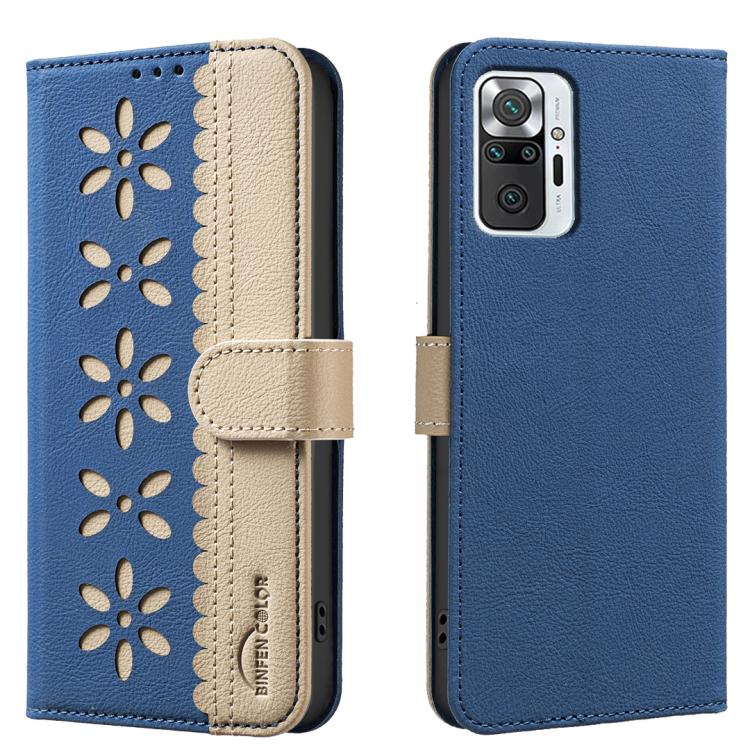Splicing Color Hollow Flower Pattern RFID Leather Phone Case, For Redmi Note 10 Pro / 10 Pro Max