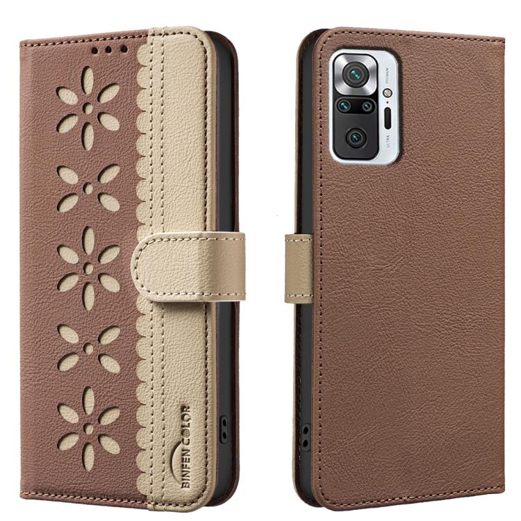 Splicing Color Hollow Flower Pattern RFID Leather Phone Case, For Redmi Note 10 Pro / 10 Pro Max