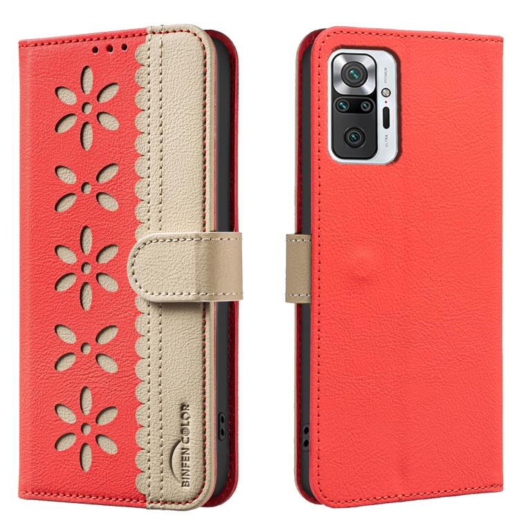 Splicing Color Hollow Flower Pattern RFID Leather Phone Case, For Redmi Note 10 Pro / 10 Pro Max