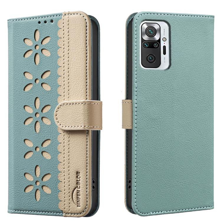 Splicing Color Hollow Flower Pattern RFID Leather Phone Case, For Redmi Note 10 Pro / 10 Pro Max