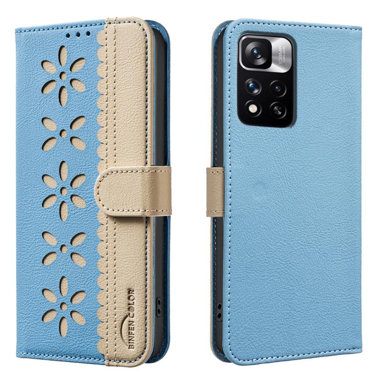 Splicing Color Hollow Flower Pattern RFID Leather Phone Case, For Redmi Note 11 Pro Global 6.67 inch, For Redmi 10 5G / Note 11 4G 6.5 inch, For Redmi Note 10 5G / Note 10T 5G, For Redmi Note 10 4G / Note 10S, For Redmi Note 10 Pro / 10 Pro Max