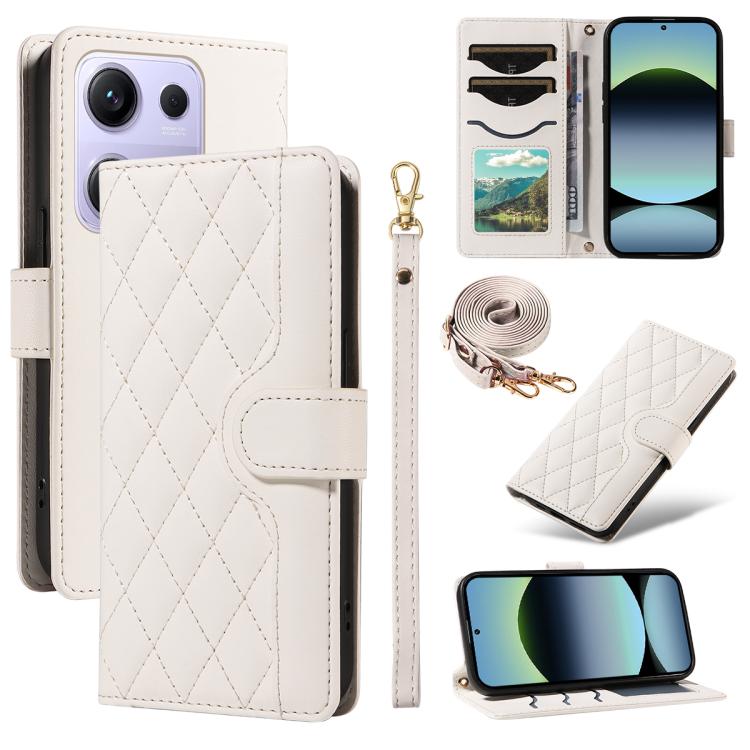 Three Card Slot Diamond Grid Leather Phone Case with Long / Short Straps, For Xiaomi Poco M6 Pro 4G Global