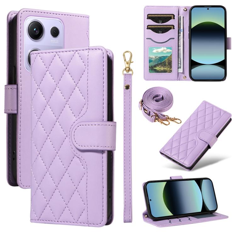 Three Card Slot Diamond Grid Leather Phone Case with Long / Short Straps, For Xiaomi Poco M6 Pro 4G Global