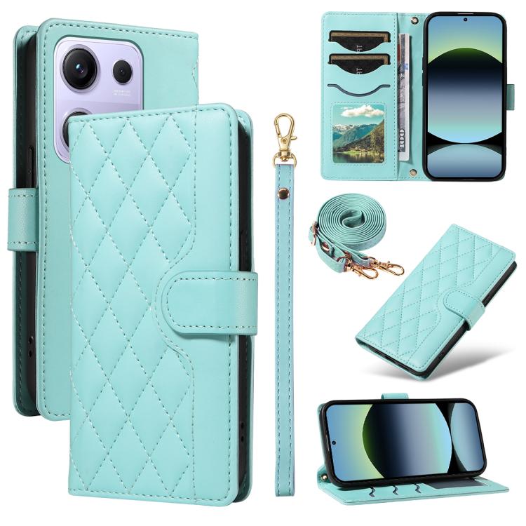 Three Card Slot Diamond Grid Leather Phone Case with Long / Short Straps, For Xiaomi Poco M6 Pro 4G Global